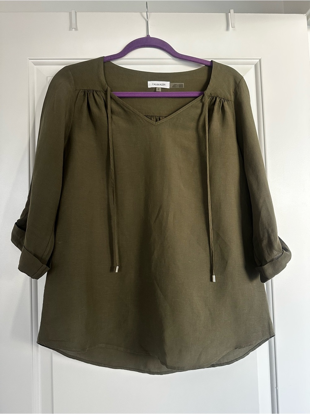 Calvin Klein Olive Green V-Neck Tie-Front Blouse